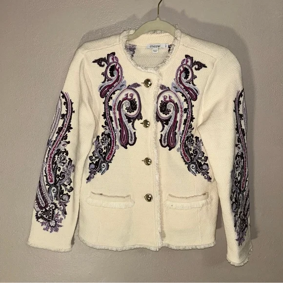 Embroidered White and Purple paisley tapestry Jacket with silver buttons - Picture 2 of 5